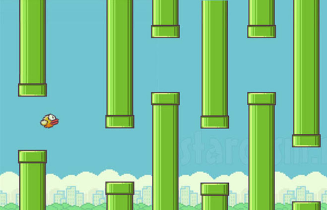 Cartoon flying bird dodging from hitting the pipes